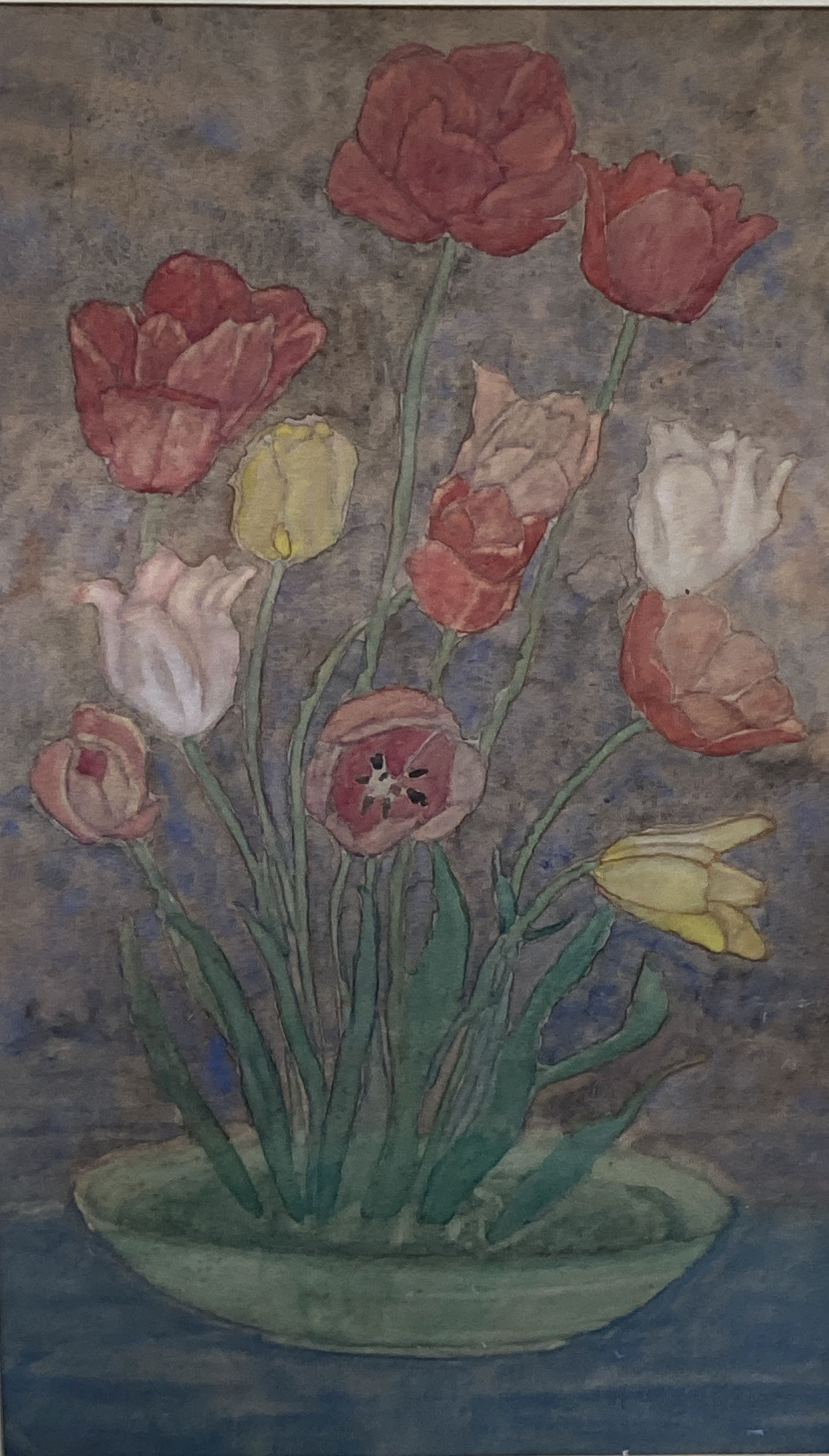 Modern British, watercolour, Still life of tulips in a bowl, 66 x 38cm